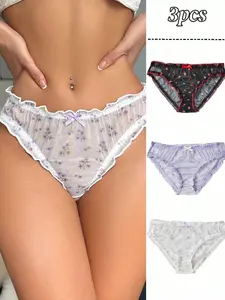 Women's Comfortable Daily Underwear Set, Lightweight Lace Trim Panties, Small Floral Print, Breathable & Stylish Design, Fashion Breathable Underwear
