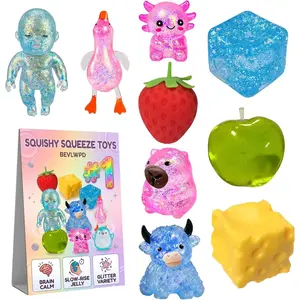 9 Pack Squishy Toys Squeeze Slow Rising Fidget Toy Sugar Filled Stress Ball Glitter Color Changing Cute Food-Shaped Highland Cow Cheese Strawberry Sugar Cube Duck Bear Crunchy