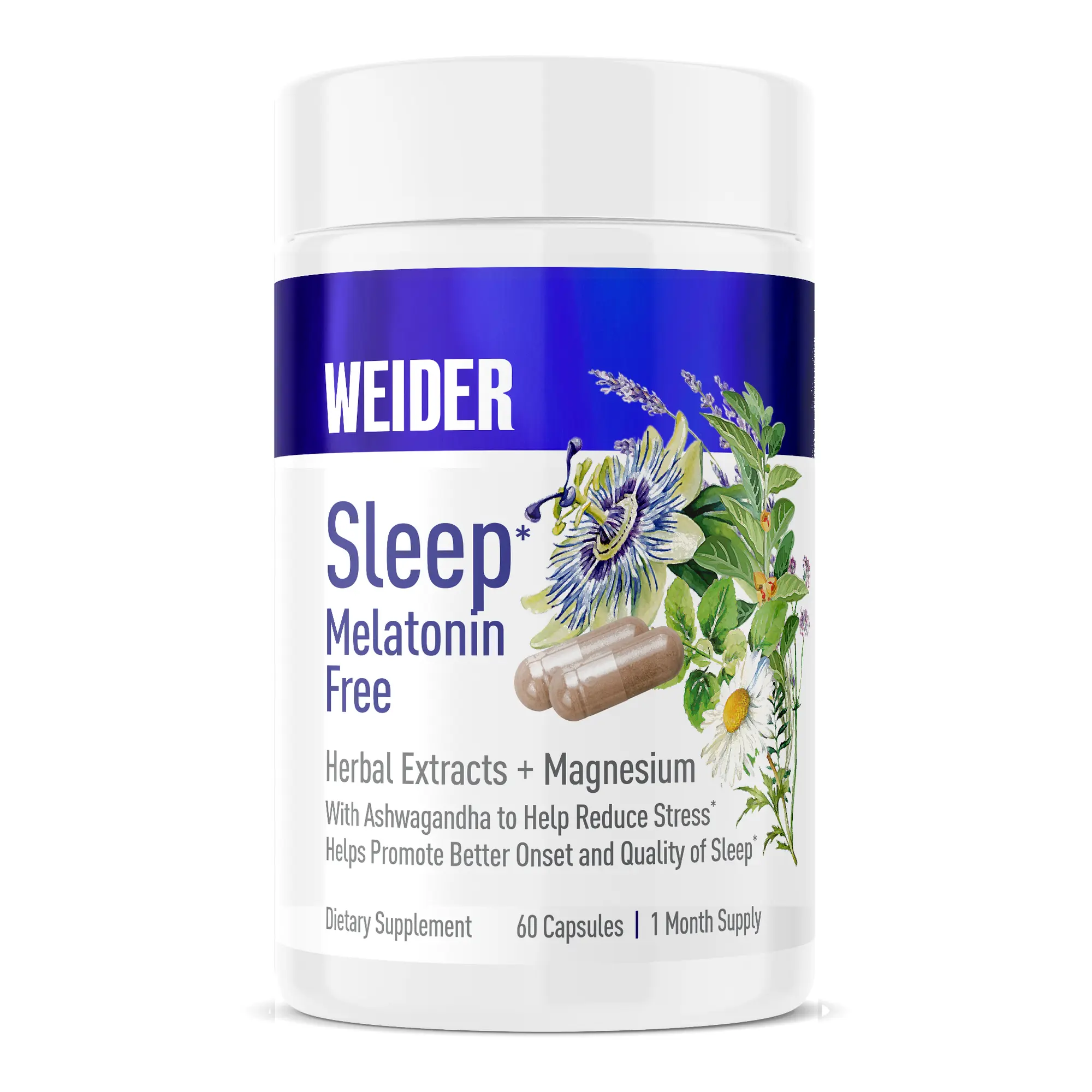 Weider Melatonin-Free Sleep Aid for Adults - Natural Sleep Support Supplement, KSM-66 Ashwagandha, Magnesium Glycinate, Lavender, Chamomile, Valerian & Passionflower, Non-Habit Forming, No Morning Grogginess, Vegetarian Capsules, 60 Count, 1 Month Supply