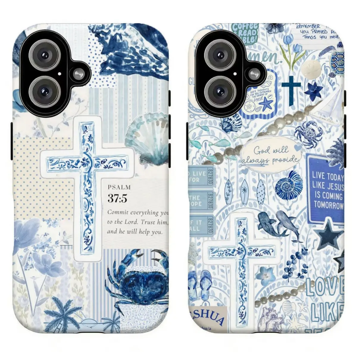 Blue Coastal Christian Collage Phone Case Ocean Cross Bible Verse Design for iPhone 17 16 15 14 13 12 11 Air Pro Max Plus Shockproof Anti Drop Soft TPU Protective Cover Faith Gift for Her