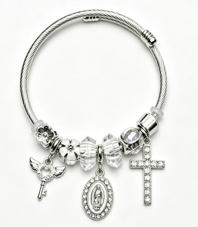 Tone Silver Snake Chain Charm Bracelet Rhinestone Cross Saint Medal Wing Key Clear Crystal Floral Bead Religious Women Jewelry Gift