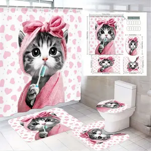 1/4pcsCute Gray White Kitten with Pink Bow & Toothbrush Shower Curtain Set, Printed Shower Curtain, Shower Essentials Kitty - 4-Piece Bathroom Accessories: Bath Mat, Toilet Seat Cover, Small Rug - Valentine's Day Mother's Day Home Decor
