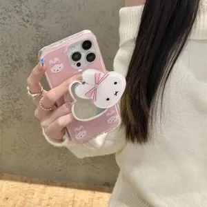 Cute Cartoon Bow Rabbit Magsafe Wireless Charge Case for iPhone 13 14 15 16 Pro Max with Magnetic Holder Protective Cover Shockproof Screen Protector Casing