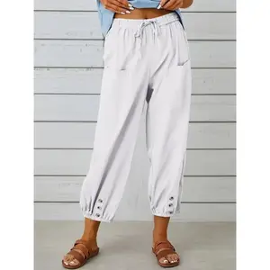 Digital Treasure Shop1 Wide Leg Capri Pants, Loose Casual Drawstring Waist Pants, Women's Clothing Bottoms Minimalist