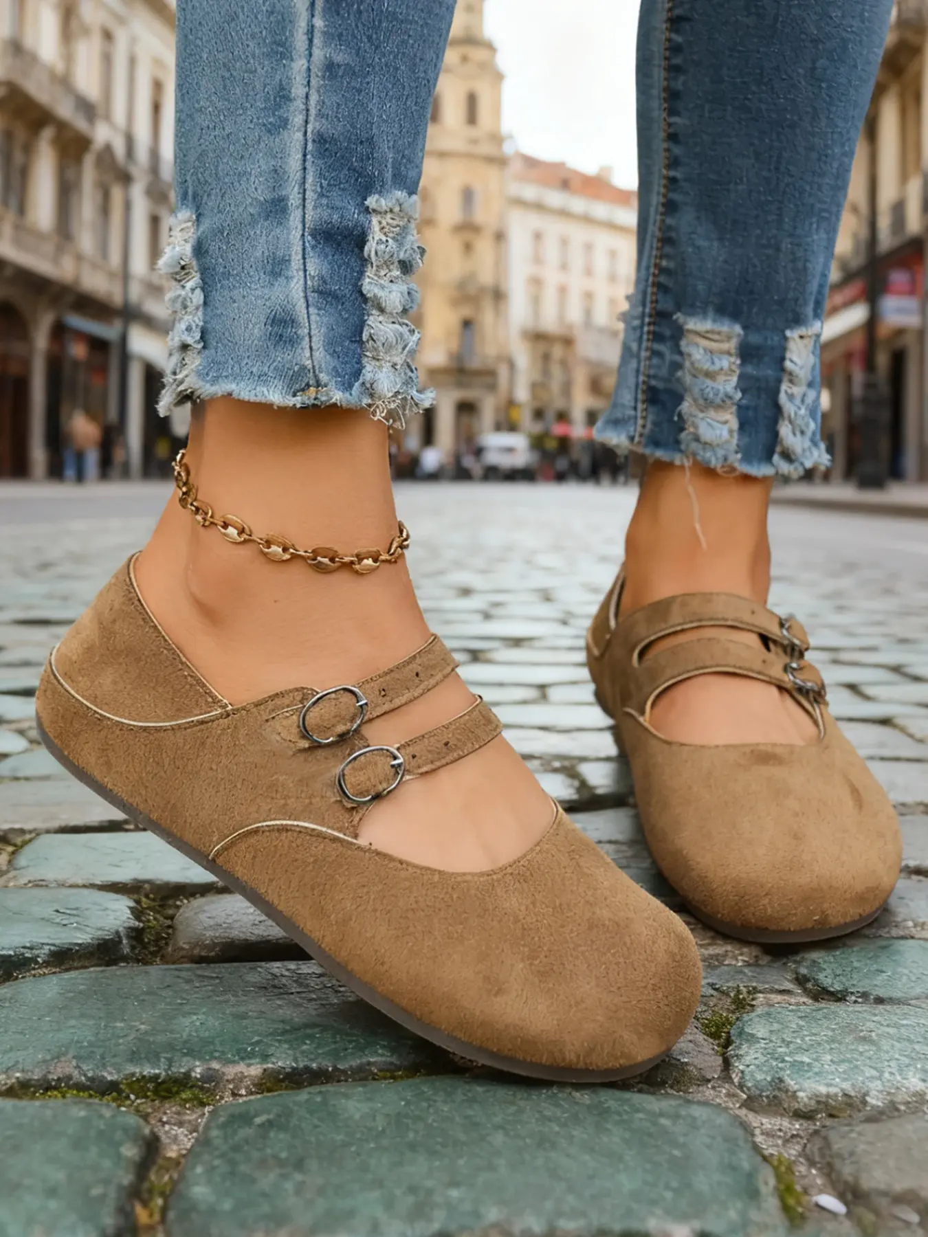 Spring New Round Toe Vintage Classic Low-Top Flat Mary Jane Footwear Women Shoes Rubber, Casual Walking Shoes, Height Increasing Dual Buckle Birkinstyle Single Shoe, Versatile, Stylish, Chic Shoes