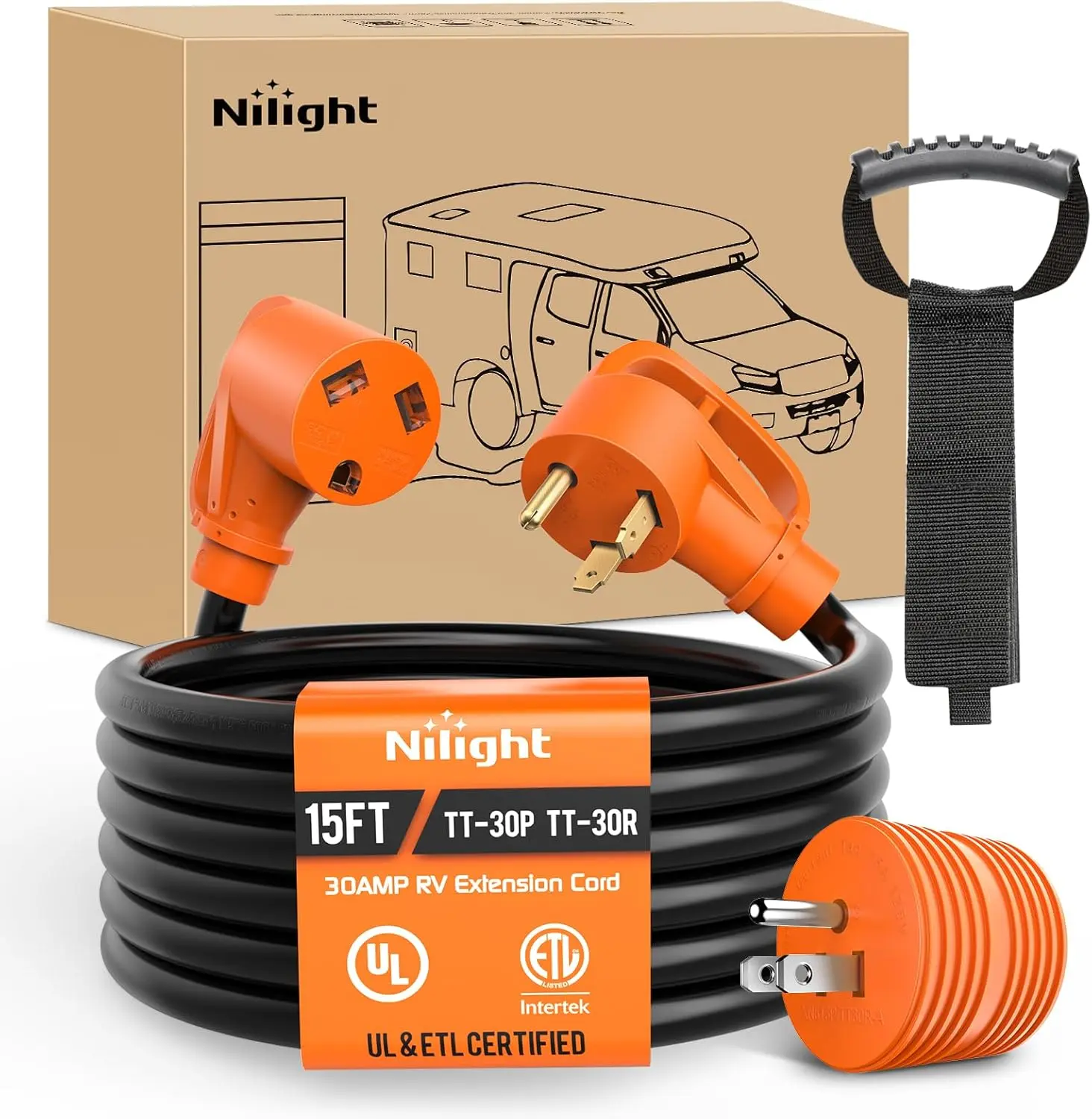 Nilight 15FT 30A RV Extension Cord with 15A-to-30A Adapter, 125V Heavy-Duty 10/3 Gauge Pure Copper STW Wire, UL ETL Listed 3-Prong TT-30P TT-30R, Weatherproof for Outdoor RVs, Generators