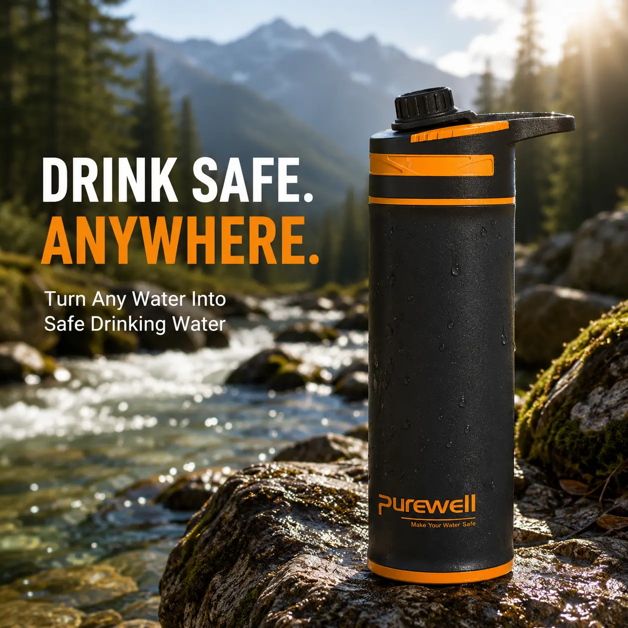 Purewell Portable Press Water Filter Bottle, Water Purifier for Hiking, Camping, Backpacking, Travel, 0.01 Micron UF Membrane, BPA-Free Tritan, Removes 99.999% of Bacteria & Protozoa, 10,000L Long Filter Life, Outdoor Water Filtration System