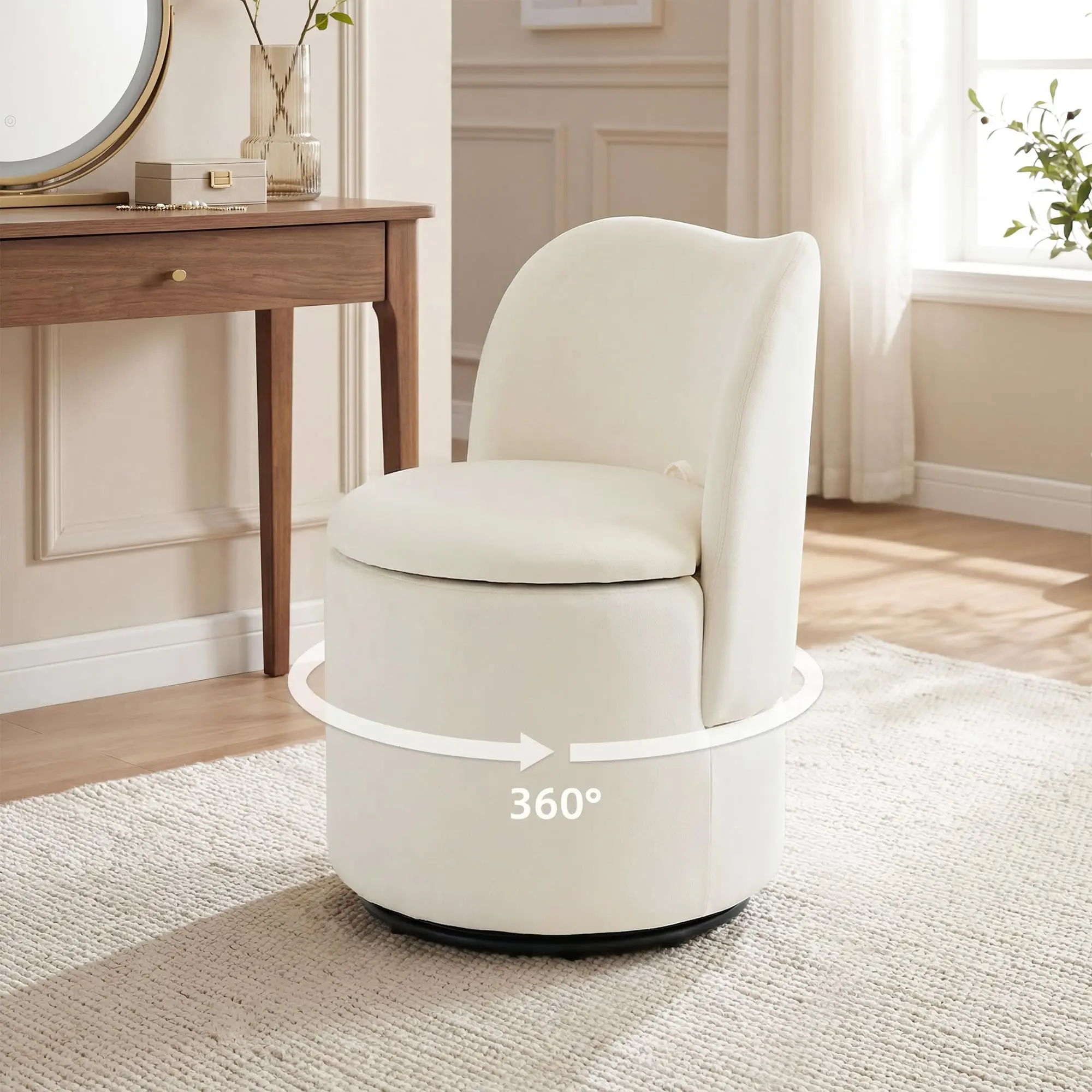 Garvee Sherpa Velvet Vanity Chair with Hidden Storage, 360° Swivel Comfy Dressing Table Stool with Back, Modern Upholstered Accent Chair for Bedroom, Dressing Room