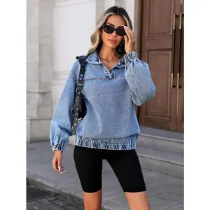 Loose And Casual Denim Jacket For Women, With Dropped Shoulder Design And A Half Zipper. Pullover Denim Sweatshirt, Suitable For Spring And Autumn.