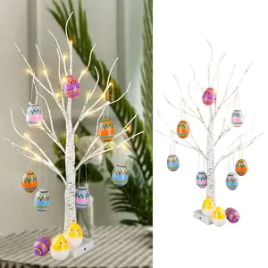 60Cm Easter Decor LED Birch Tree Light Easter Eggs Hanging Ornament Tree Easter Party Supplies Easter Decorations for Home Table