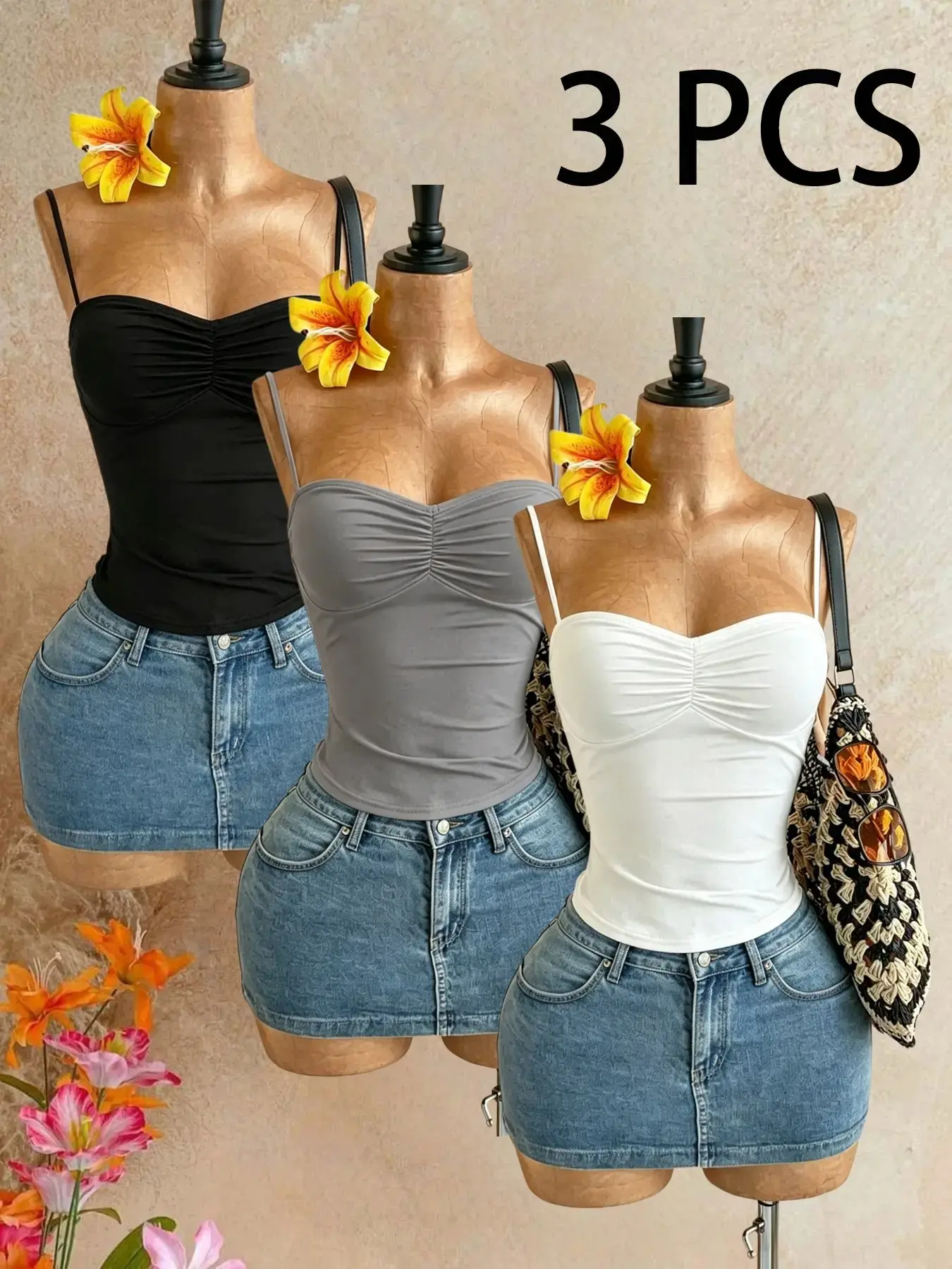 3-Pack Crop Top Set, Ruched Halter Neck Heart Tank Tops Elastic Fit, Bodycon Short Sleeve Innerwear, Perfect for Daily Wear & Jeans