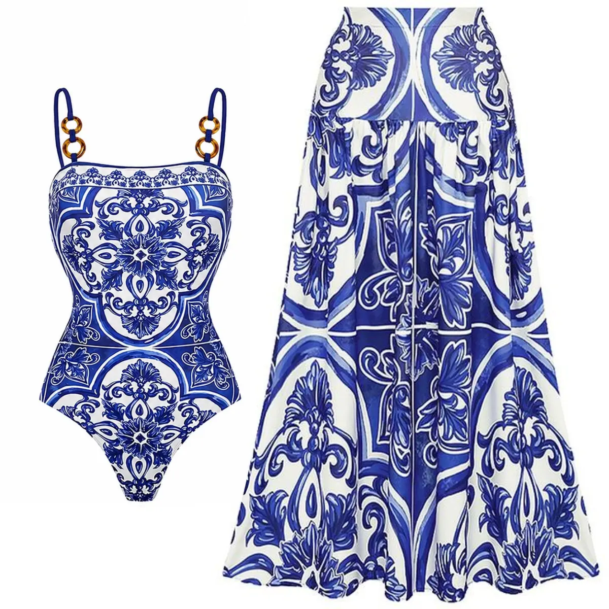 FLAXMAKER Women's Classic Blue Majolica Print One Piece Swimsuit and Skirt Set Bathing Suit Adjustable Shoulder Straps Swimwear #Summervibes outdoorfun #SwimWeek tiktokshopbacktoschool