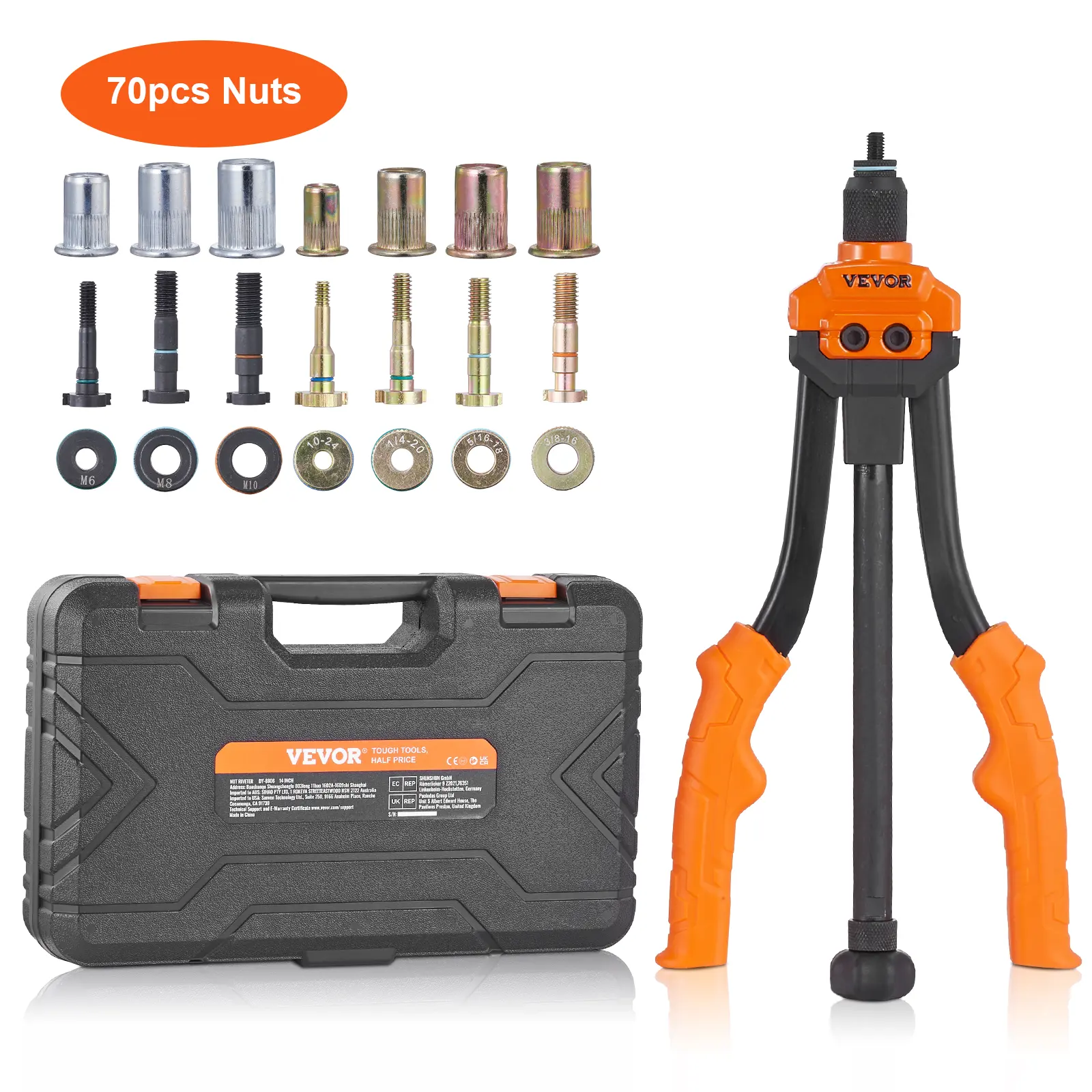 【Summerfinds】VEVOR Rivet Nut Tool 14” Rivnut Tool Kit with 7 PCS Metric and SAE Mandrels70 PCS Assorted Rivet Nuts10-241/4-20M65/16-18M83/8-16M10Rivet Nut Kit With Rugged Carrying Case, Hand Tools, Hardware