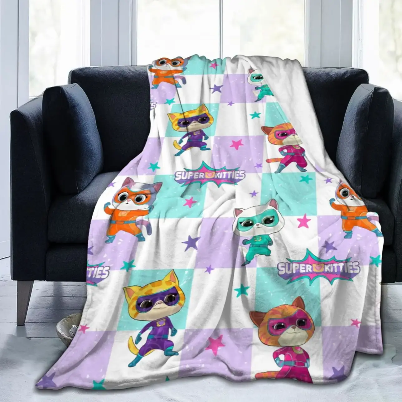 Super Kitties Cartoon Cat Throw Blanket, Cute Superhero Kitten Soft Cozy Bed Blanket for Kids Bedroom Decor, Couch Sofa, Birthday Gifts for Kids