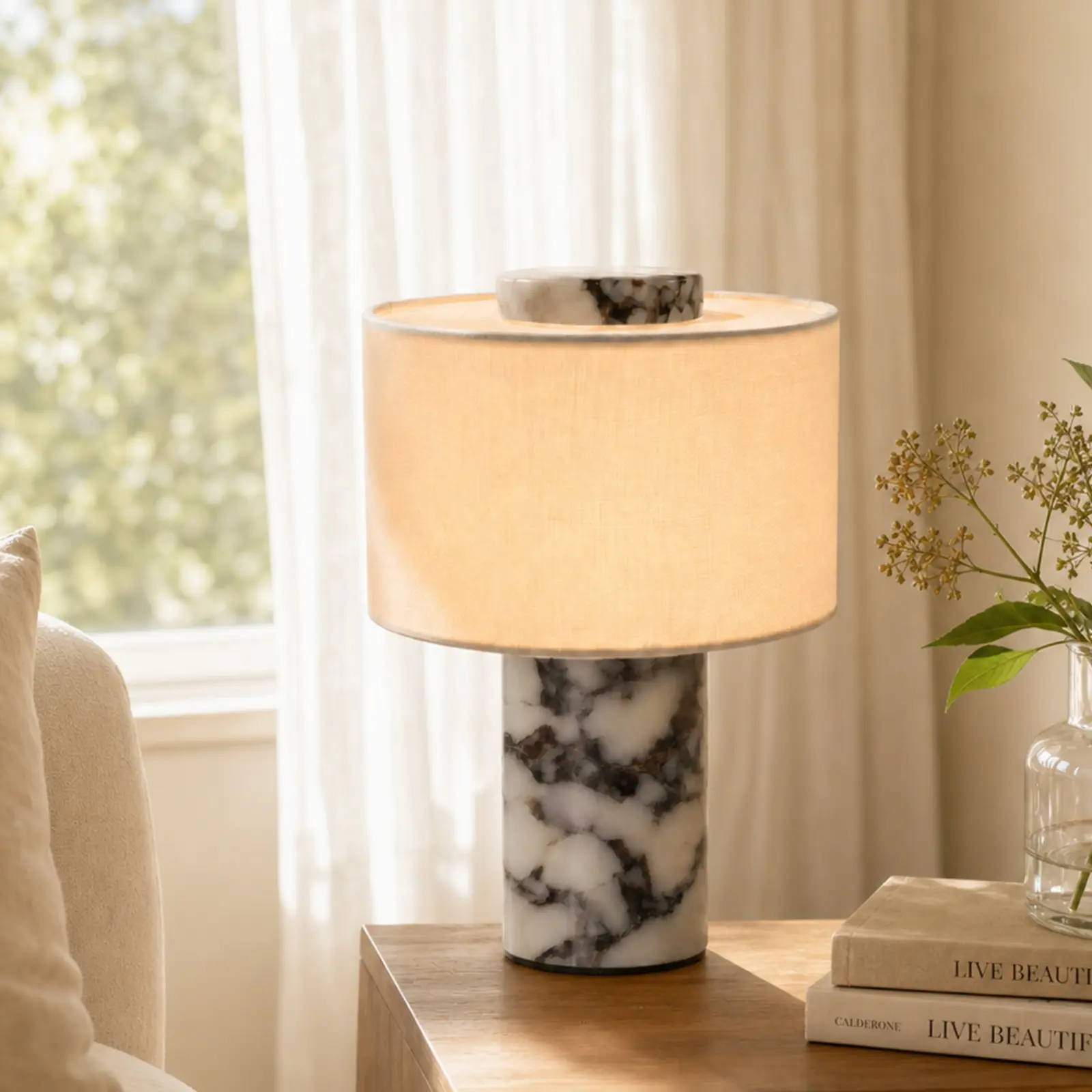 DEMILARE Cordless LED Table Lamp - Premium Anatolian Natural Marble Base, 4000mAh Rechargeable, 3-Style, 3-Color Temp Touch Dimmable, Textured Fabric Shade, Decorative Mood Lamp for Bedroom Nightstand, Home Office, Indoor LED Lights Mood Lighting, Table L