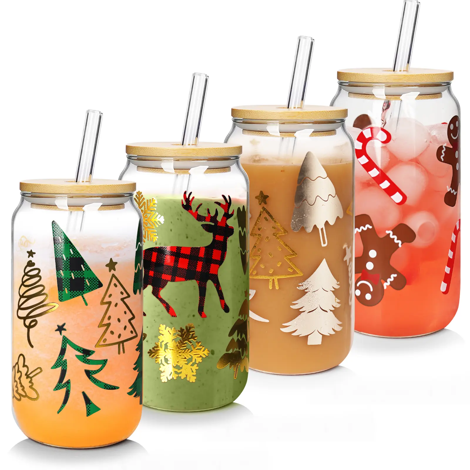 2026 Christmas Gifts 18OZ Cups Coffee Mugs Tumbler Glass Cups with Lids and Straws Colorful Christmas Tree Gingerbread Xmas Mug Drinkware Bottles