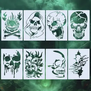 8 Piece Skull Painting Stencils, Reusable 11.7x8.3 Inch, Fabric, Drawing, Wood, Glass, DIY Crafts, Art Supplies, Crafts Kit, Decal Sticker, Diy Decal Film