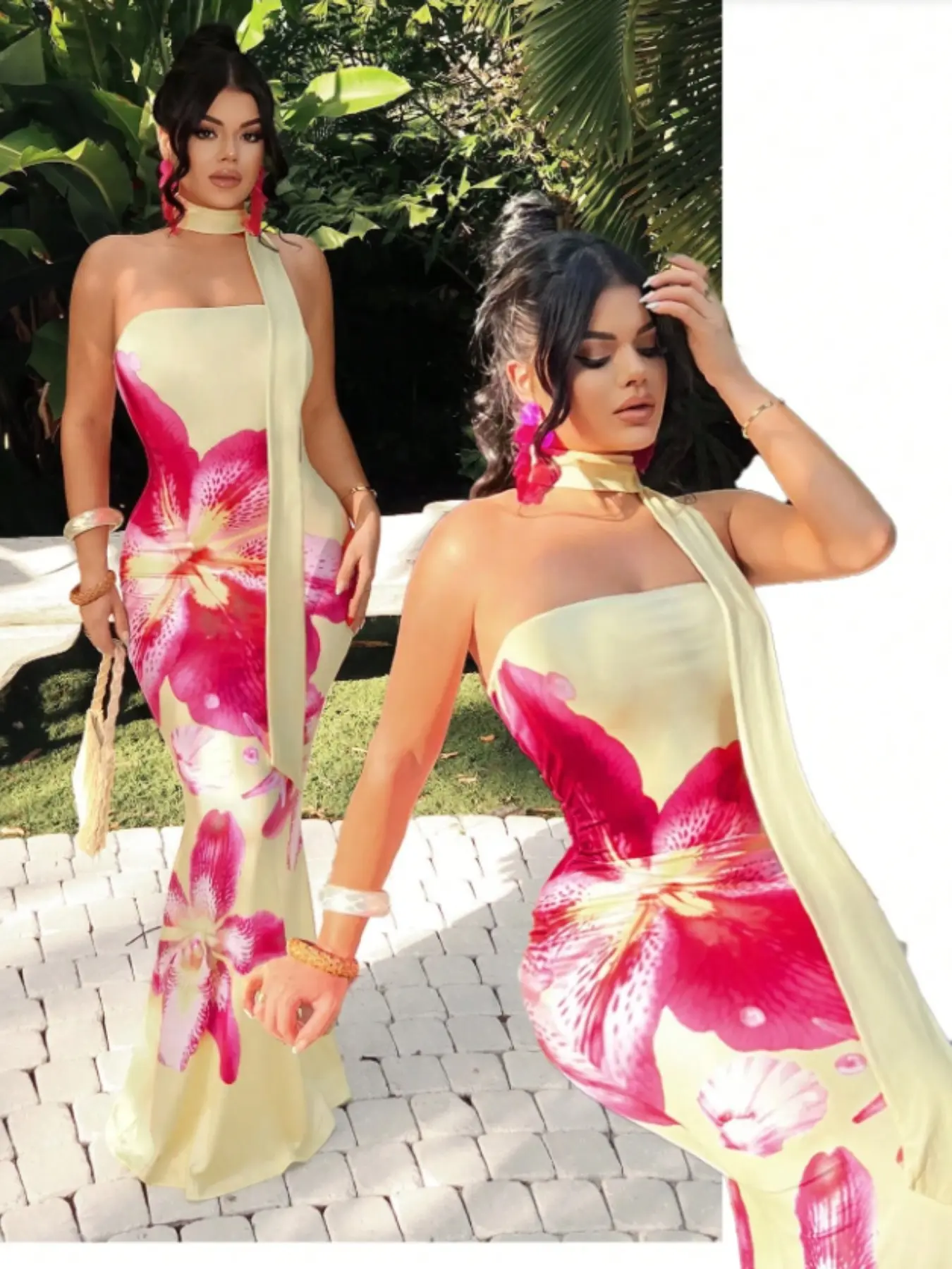 Women's Summer Sleeveless Floral Dress, Slim-Fitting Backless Long Strapless Dress, Elegant Chic Beachwear, Hawaiian Style, Beachy Style Dress, No Strap Dress, Dress For Summer
