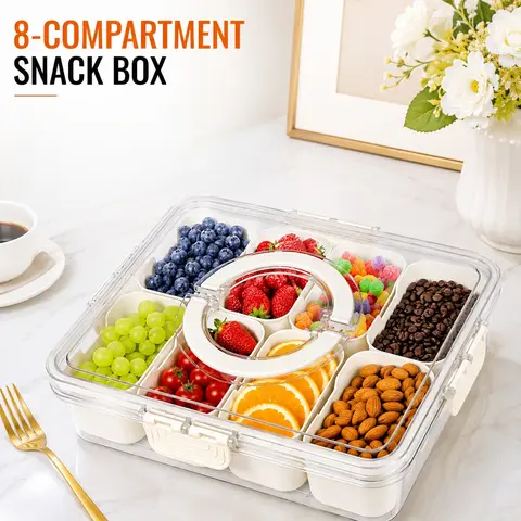 ONESHOW HOME Plastic Rectangular Multifunctional Preserving Box - Transparent Bento Box Food Storage with Lid & Handle, 4/8-Compartment Kitchen Utensils Gadgets for Kid’s Lunch, Cabinet Organiser (Mid Year Sale)