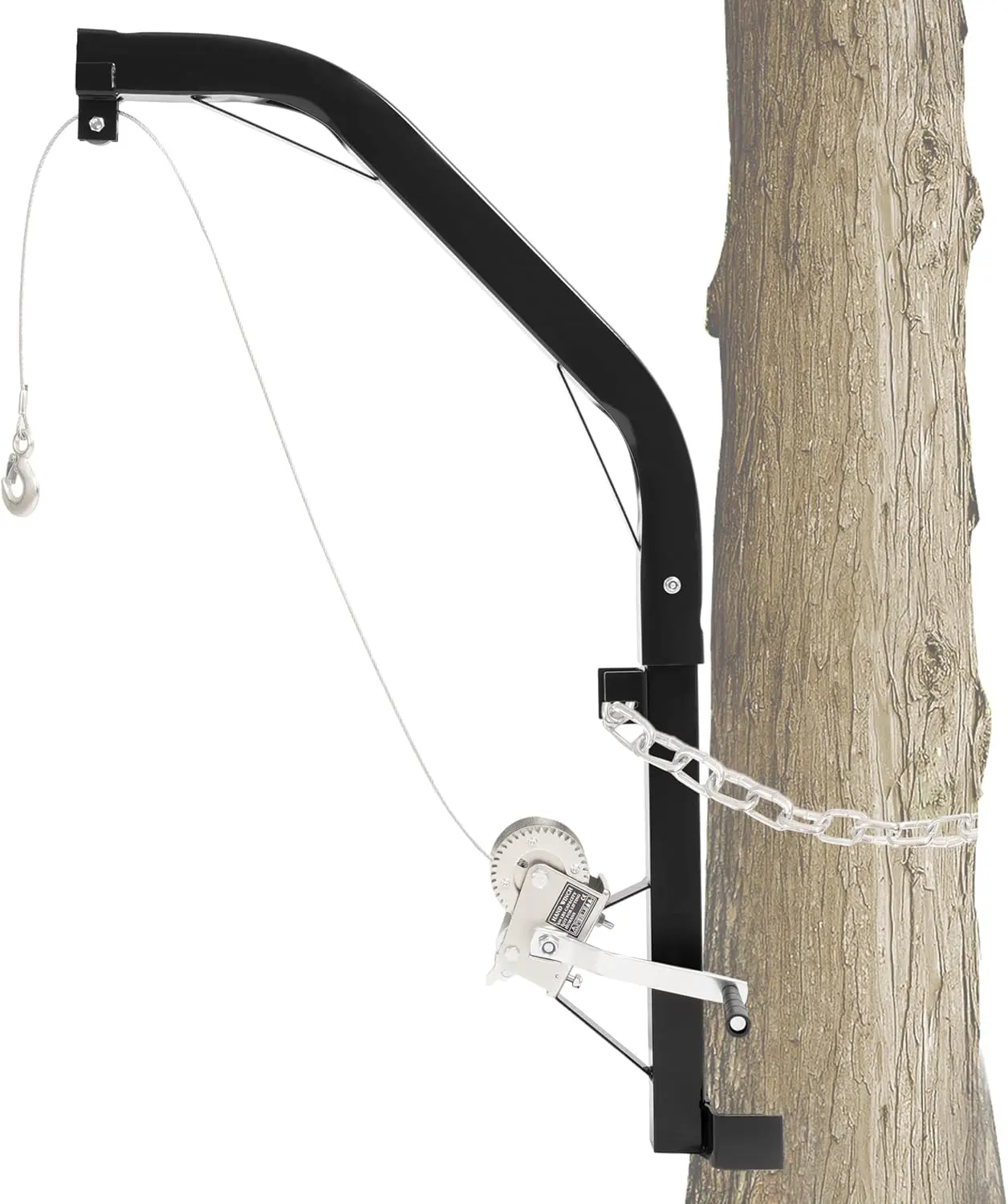Tree Mount Hoist - Heavy Duty 500LB Hunting Game Hoist with Hand Crank, Steel Cable, Chain for Skinning, Hoisting, Mounting, Securing, Powder Coated Steel