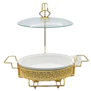 Chaffing Dish Buffer with Glass Top, Gold Base, and Handle, Ideal for Sponging and Cleaning - Sponges Wipes