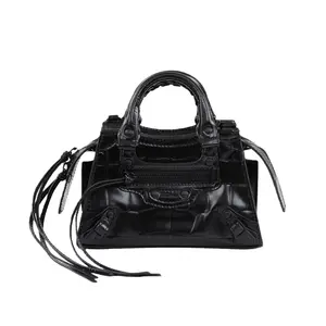 Pre-owned Balenciaga Leather Shoulder Bags Neo Classic City Nano Black Croc Embossed Shoulder Bag