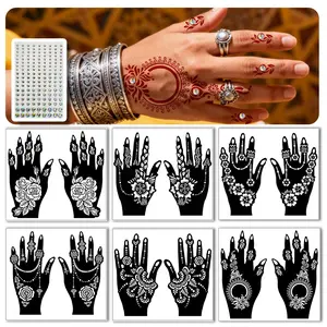 Reusable Henna Tattoo Templates Set, 12 Sheets & 162 Decorative Rhinestones, Hand Body Paint, Flower Patterns, Temporary Tattoos, Wedding Makeup