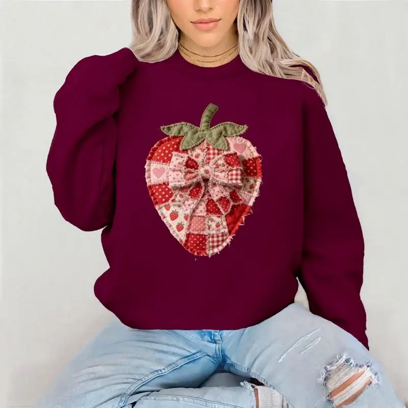 Strawberry FAUX Patchwork Crewneck Sweatshirt Gildan Everyday Style Super Soft Unisex Fit Streetwear Graphic Top warm Christmas Gift for her Womenswear Casual Printed Long Sleeved strawberry farm spring