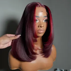 Ruby 99J Red Colored Short Bob Wig Human Hair Wigs 13X4 Lace Frontal Wigs Bob Wig Human Hair Wigs For Women 180% Density Transparent Lace