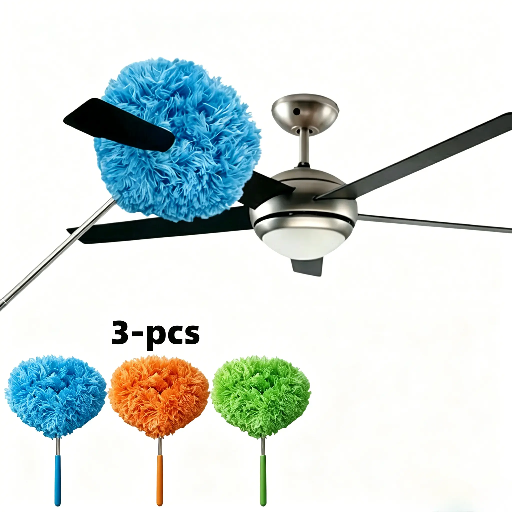 3-Pack Lightweight Electrostatic High-Density Microfiber Duster Set with Extendable Adjustable Pole, Removable Washable Dustproof Heads, Static Adsorption for Deep Cleaning High Ceilings, Ceiling Fan Blades, Cobwebs, Walls - Home Cleaning Tools