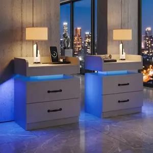 LED Nightstand Set of 2, Modern Bedside End Table with 2 Storage Drawers, Semi-Floating Design with Cool Blue LED Light, Multifunctional Side Cabinet for Bedroom Gaming Room Home Decor, Multiple Color Options