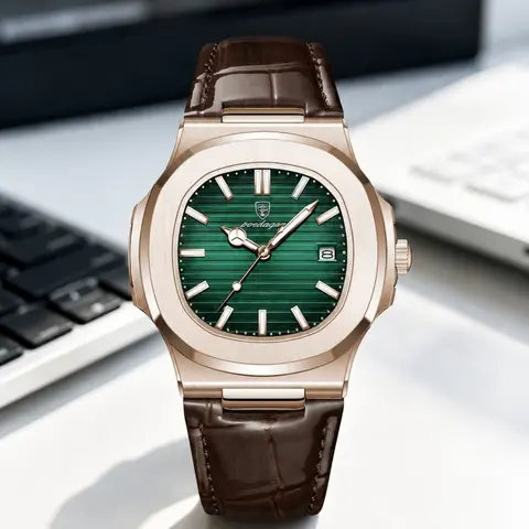Men's Quartz Analog Watch, Rose Gold Stainless Steel Case, Square Dial with PU Leather Strap, Luminous Hands, Date Display, 30m Water-Resistant, Elegant Business Dress Watch, Analog Quartz Watches