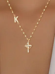 Women's Stainless Steel Necklace with Zirconia Cross Crown Initial Pendant, Casual Fashion Lip Chain Jewelry for All Seasons