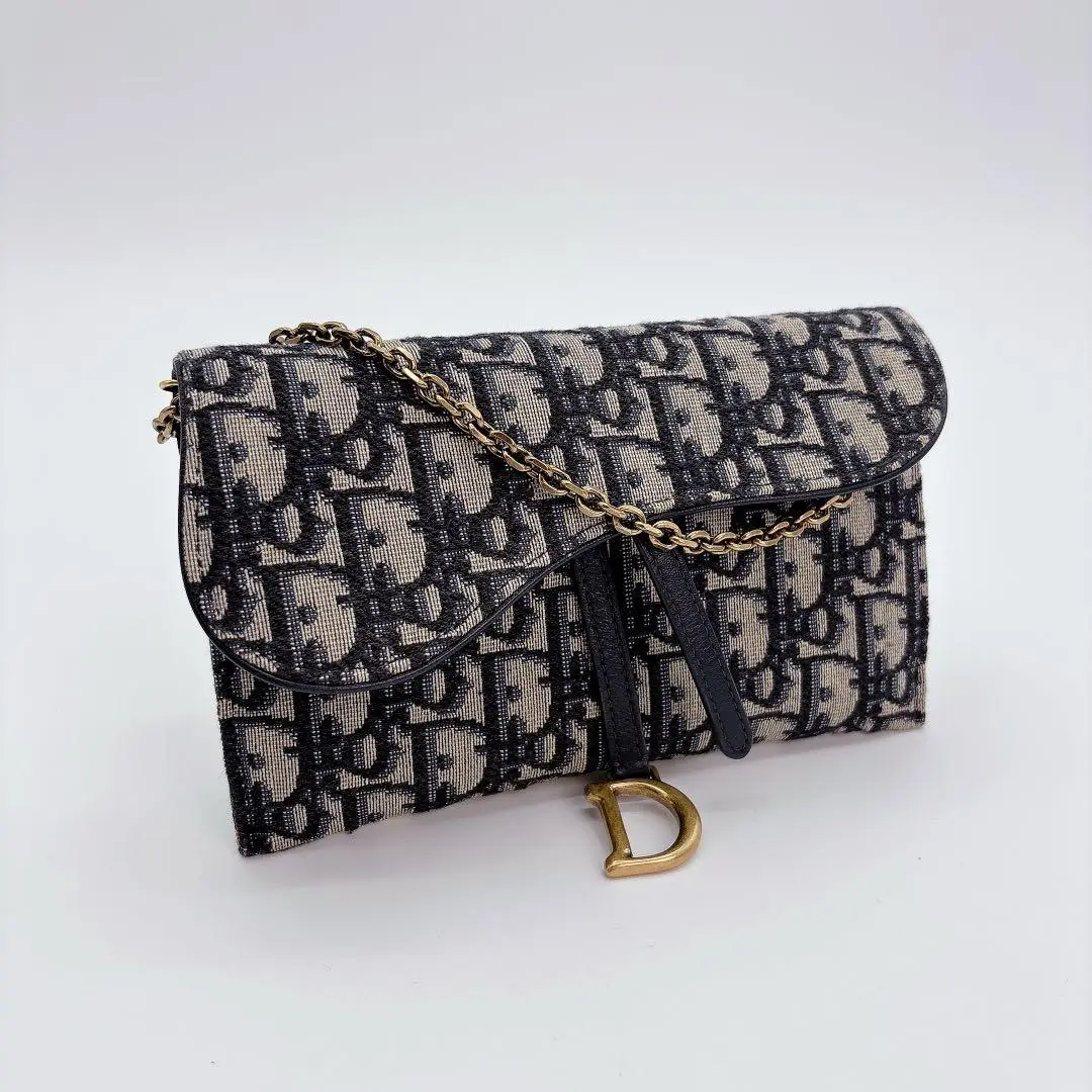 Pre-owned Dior canvas Crossbody Bags Christian Trotter Pattern Chain Wallet Shoulder Bag Saddle Long Wallet