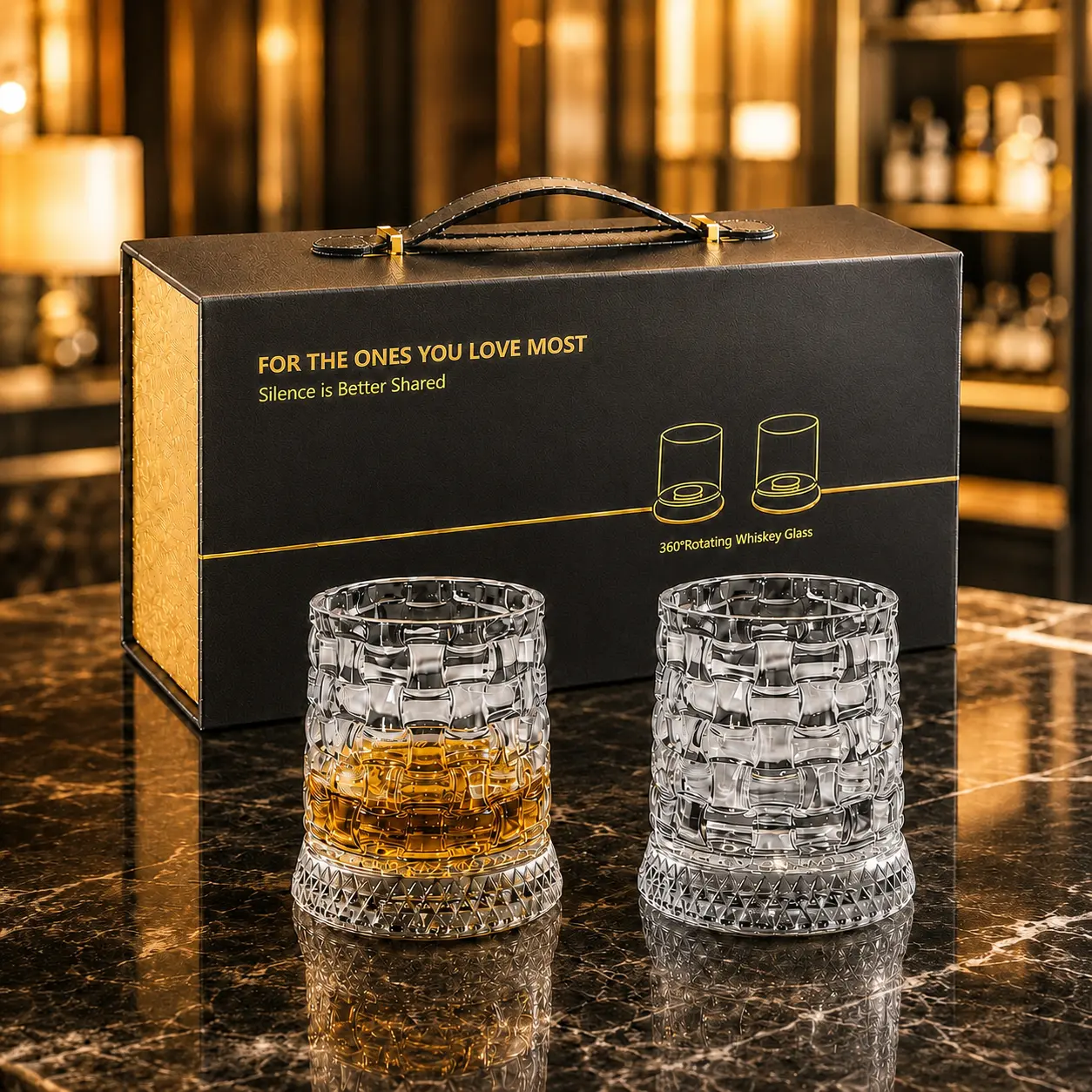Whiskey Glasses Gift Set of 2, 9.5 oz Lead-Free Crystal 360° Rotating Glass Cups with Gift Box, Old Fashioned Drinking Glasses for Bourbon, Scotch & Cocktails interactive lighting