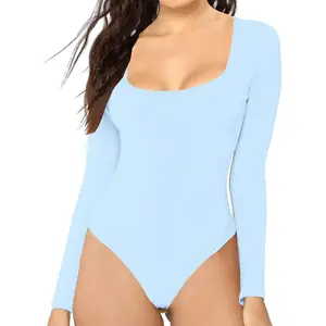 Women's Essential Bodysuit - Scoop Neck Long Sleeve Slim Fit Stretch Cotton Spandex Jumpsuit