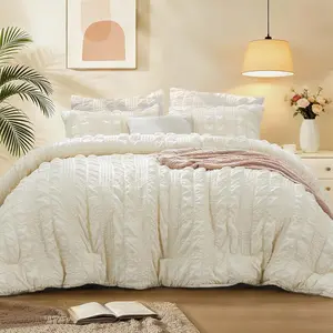 Cream  Comforter Set, 3 count  Lightweight Beige Seersucker Comforter, Soft Breathable  Season Bedding with Pillowcases for Bedroom