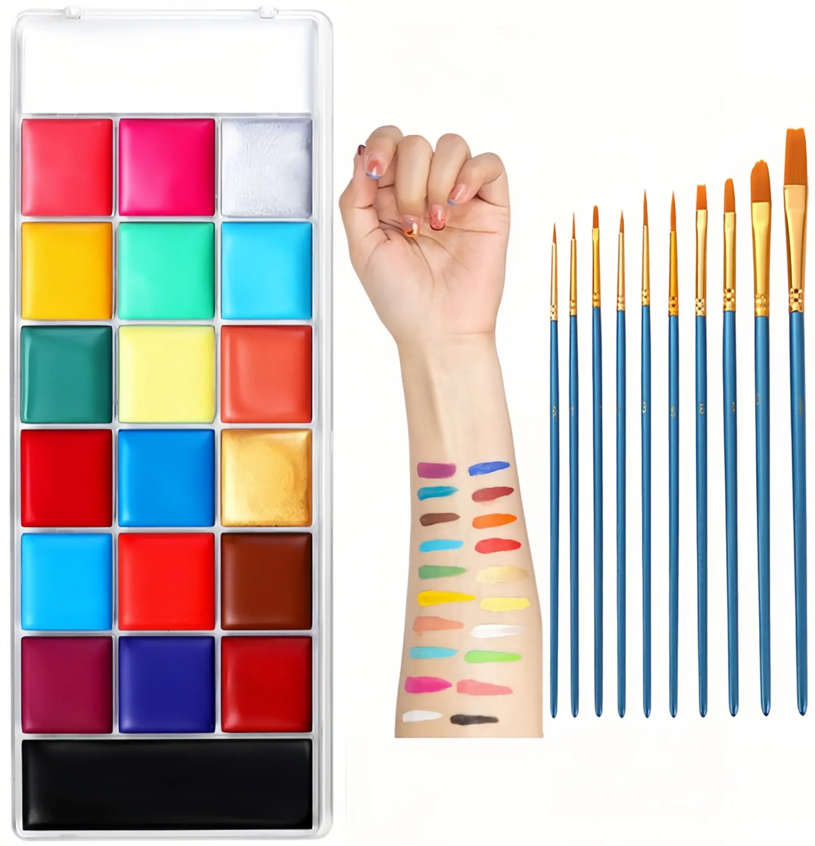 20-Color Face & Body Paint Palette with 10 Brushes - Highly Pigmented Waterproof Oil-Based Makeup for Halloween Make Up, Easter Crafts, Youth Face Painting, Long-Lasting with Setting Powder, Normal Skin Daily Cosmetic