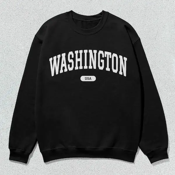 Men's Washington Collegiate Crewneck Pullover Sweatshirt - Unisex Fit, Long Sleeve, Preppy Look, All Seasons, Slogan Print Casual Round Neck Tops, Crew Neck, Minimalist