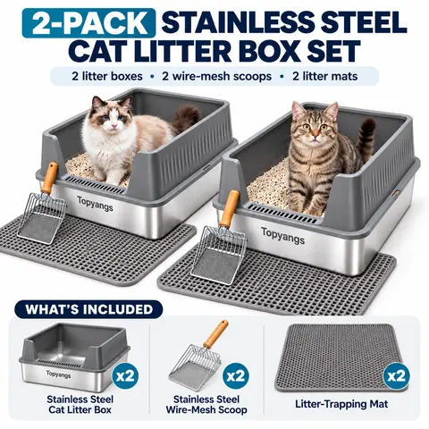 Topyangs 2-Pack Stainless Steel High Sided Litter Box - Grey Tray with Non-Stick Surface, Leak-Proof Walls, Litter Scoop, 2-Pieces Value for Easy Cleaning & Blocking Splashing Urine,familyfun