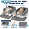 Topyangs 2-Pack Stainless Steel High Sided Litter Box - Grey Tray with Non-Stick Surface, Leak-Proof Walls, Litter Scoop, 2-Pieces Value for Easy Cleaning & Blocking Splashing Urine,familyfun