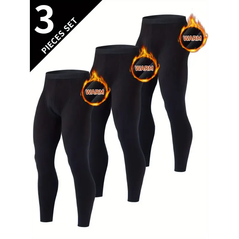 Men's 3-Pack Stretch Thermal Underwear Pants, Slim-Fit Knit Base Layer, Solid Color Warm Athletic Sportswear for Cold Weather Activewear, Fabric, Menswear, Knit Fabric