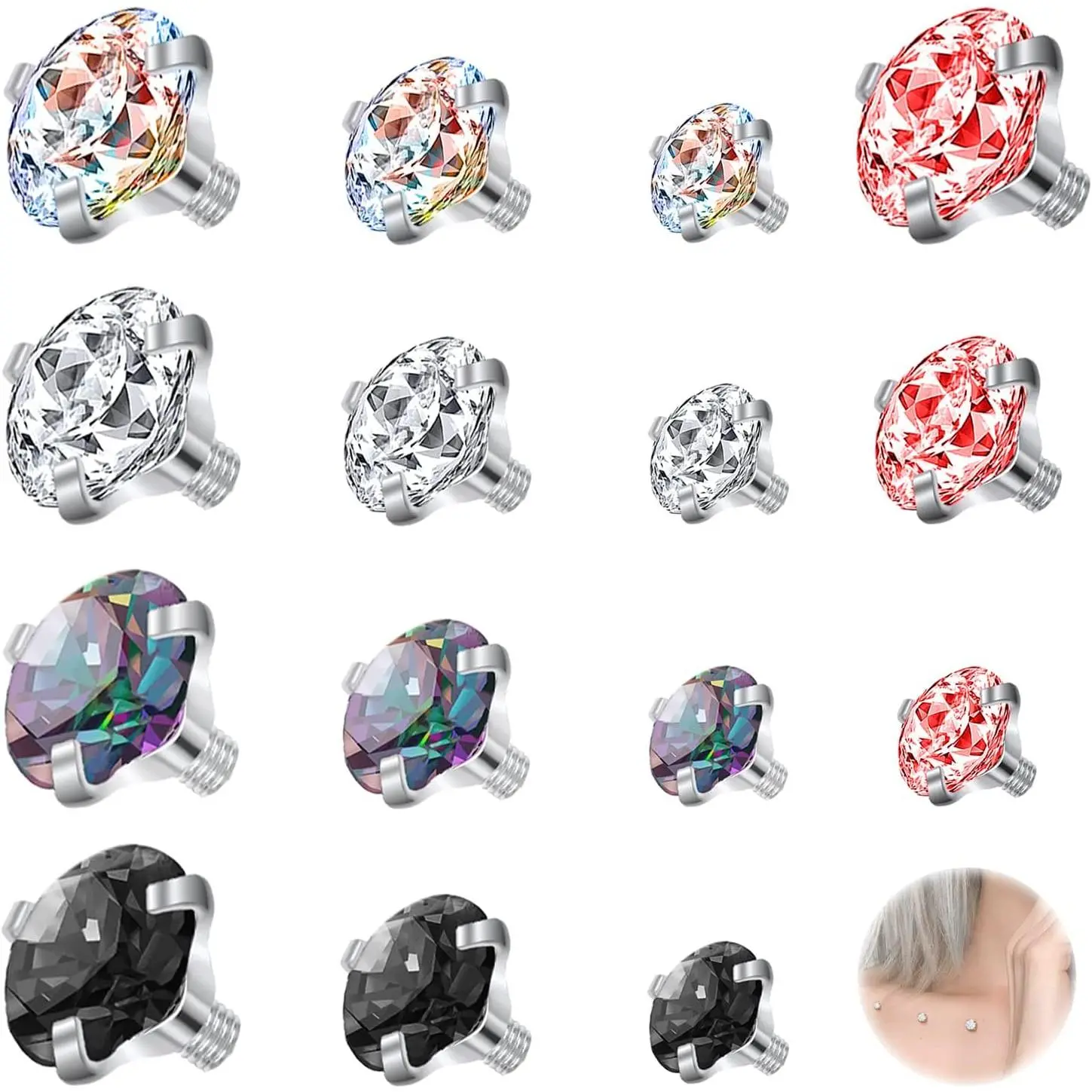 15Pcs High Quality Hypoallergenic Stainless Steel 16G Dermal Piercing Jewelry, 2.5/3/4mm Cubic Zirconia Dermal Anchor Tops for Men, Women, High Quality Jewelry, Hypoallergenic Cubic Zirconia
