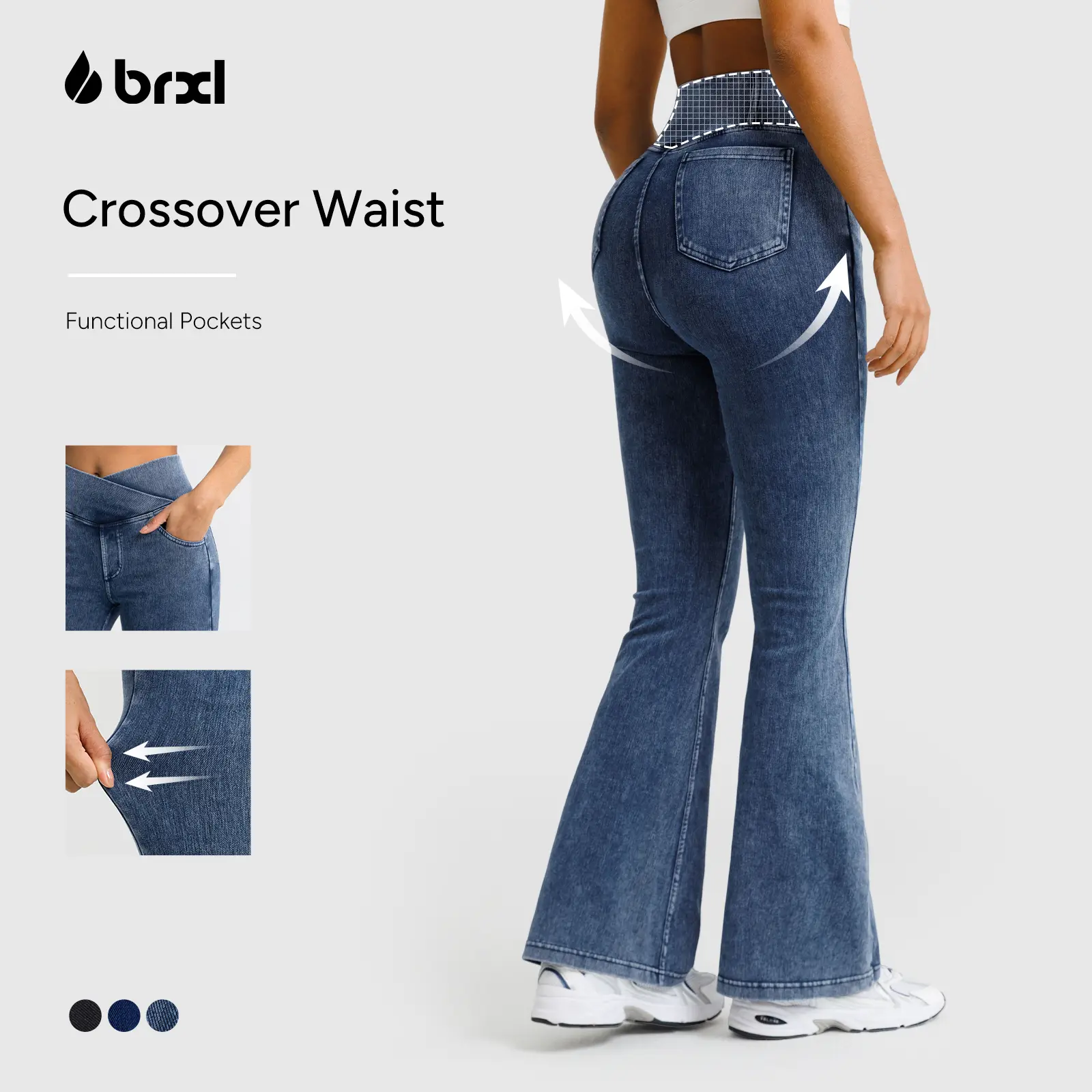 BRXL Women's High-Waisted Stretchy Crossover Denim Bottoms - Fitted Flare Bootcut Sports Pants with Pockets, Women's Fashion Flare Leggings Style Streetwear, Bottom, Sports Bottoms,back to school,back to school haul