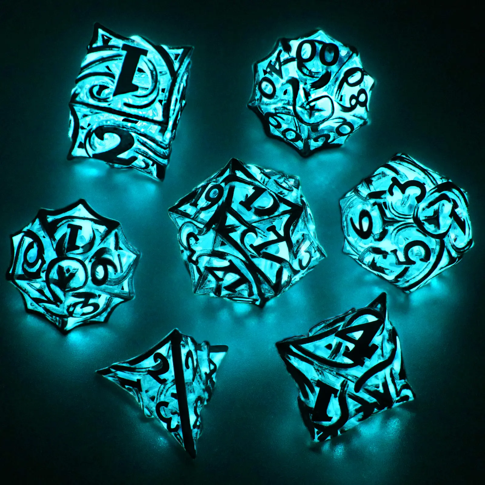 FONVGOGO 7-Piece Durable Glow-in-the-Dark Hollow Vine Design Metal Polyhedral Dice Set with Dice Box, for D&D, Tabletop Games