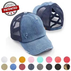 Fall Ponytail Baseball Cap for Women – Distressed Denim, Adjustable Criss-Cross Back, Sun Protection, Back-to-School Essential