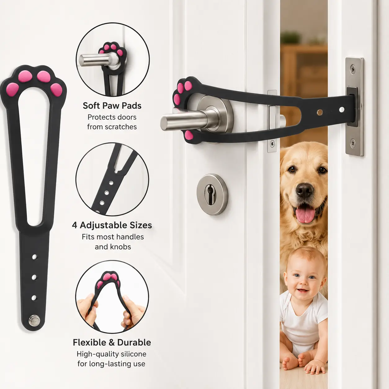 1 Count Adjustable Paw Shaped Door Holder Latch, No Punching Installation, Adjust Door Gap for Cat and Dog Pet Households