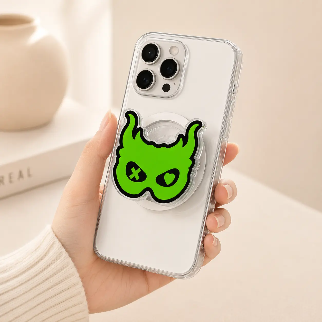 Neon Green Skull Flame Magnetic Phone Grip & Stand, Gothic MagSafe Phone Grip, Punk Skull Phone Holder, Alternative Phone Accessory
