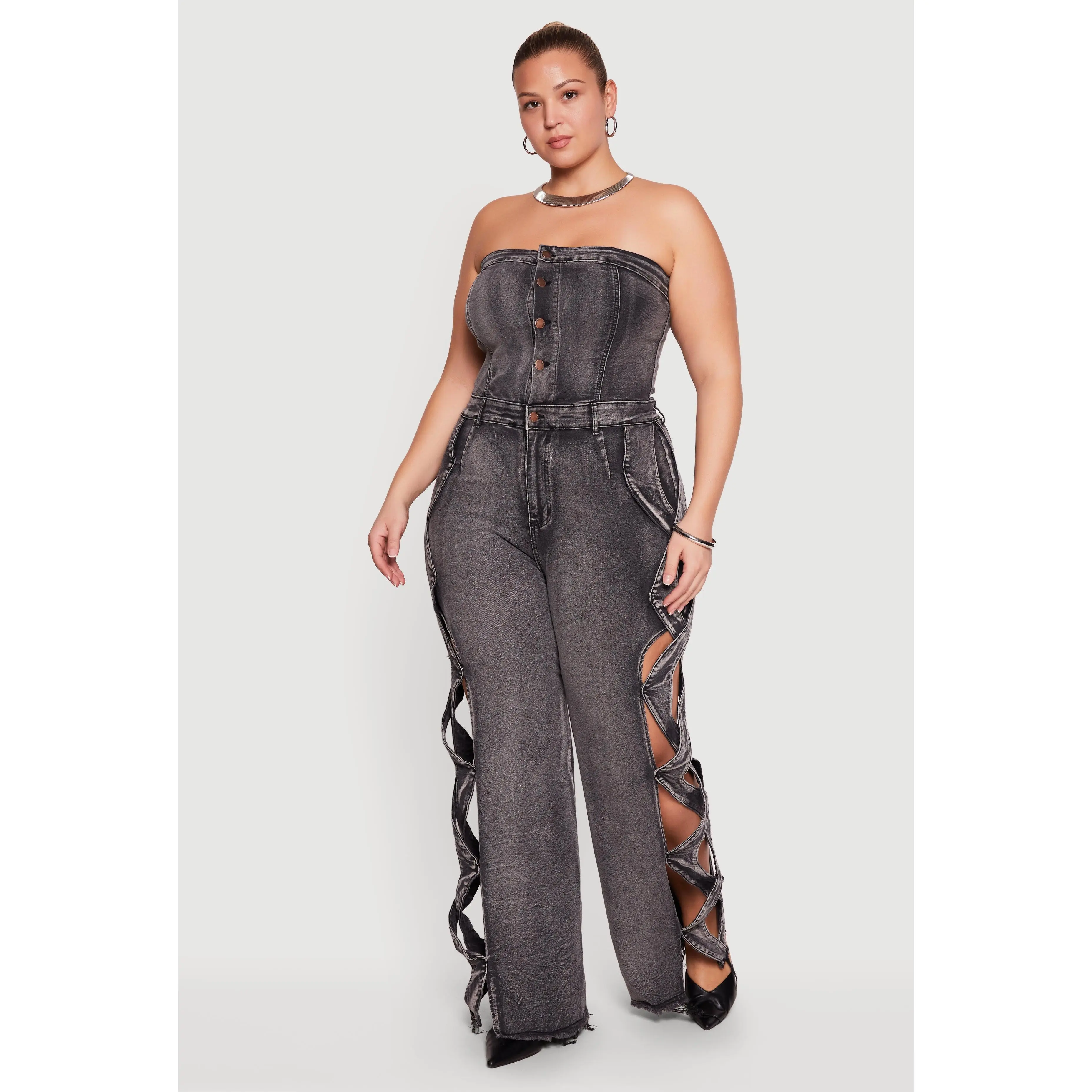 Plus Size Side Caged Cut Out Strapless Denim Jumpsuit
