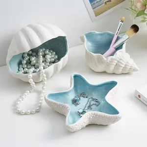 Starfish/sepia/shell Ceramic Jewelry Tray, Blue Shell Small Decorative Dish, Ocean Theme Jewelry Organizer, Ring Earring Bracelet Holder